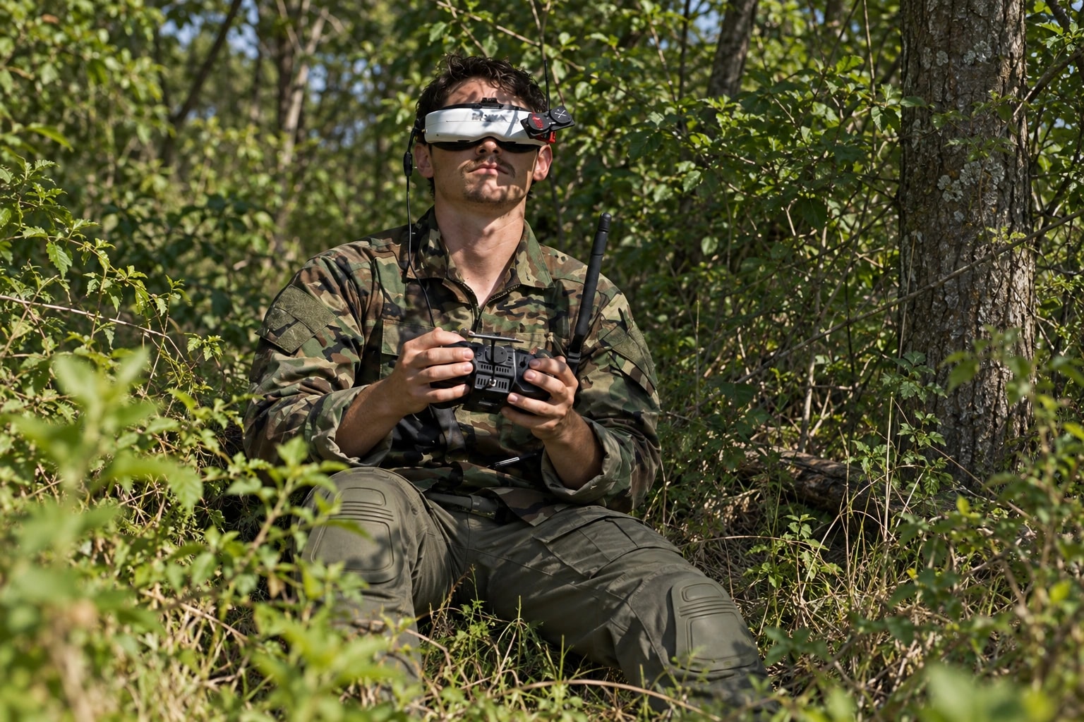 A drone pilot uses a controller and FPV goggles at a woodland edge.
