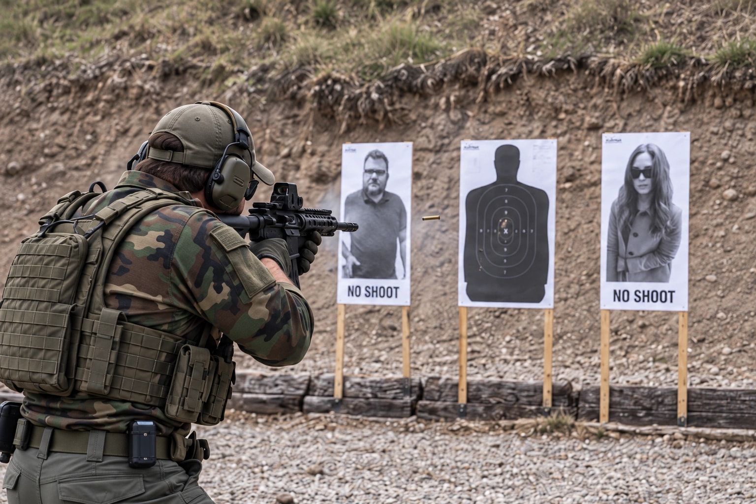 One operator trains on a central paper target, with civilian NO SHOOT paper targets alongside it.
