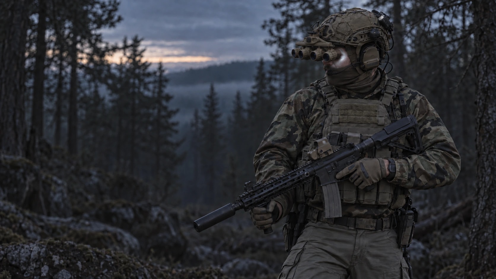 An operator in M81 Woodland at dawn, with quad-tube night vision and a faint white glow around his eyes.