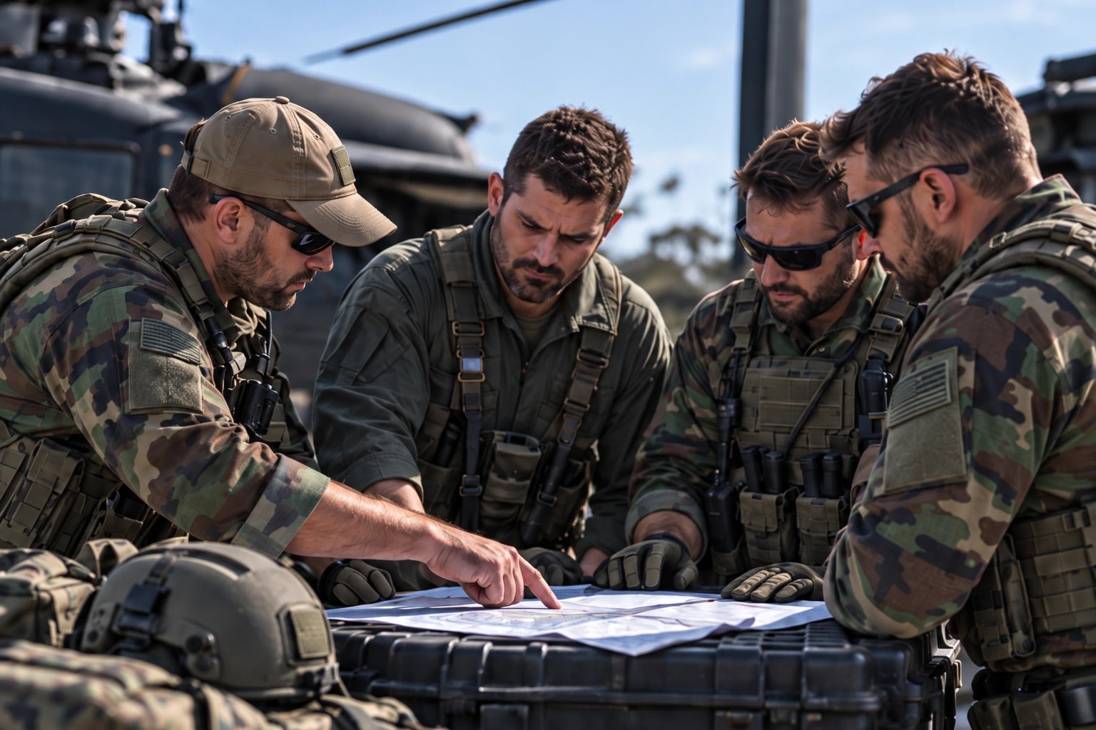 Operators and an aviation crew member review a map together beside an aircraft.