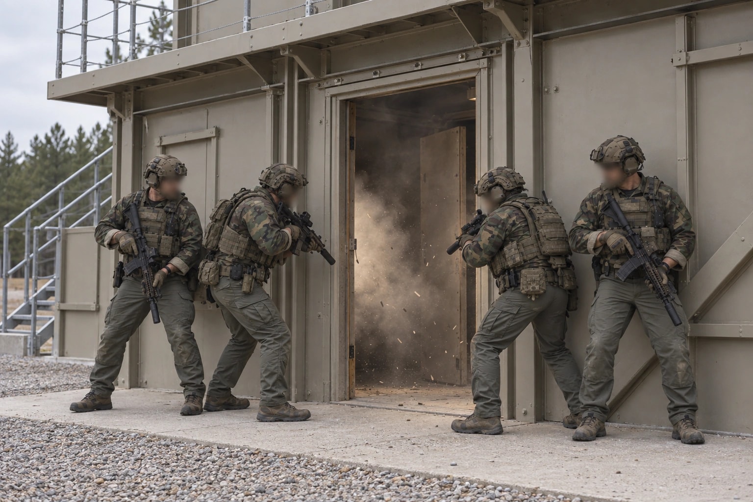 Four operators with blurred faces train outside a steel-panel shoot house, with a simulated breach effect in the doorway.