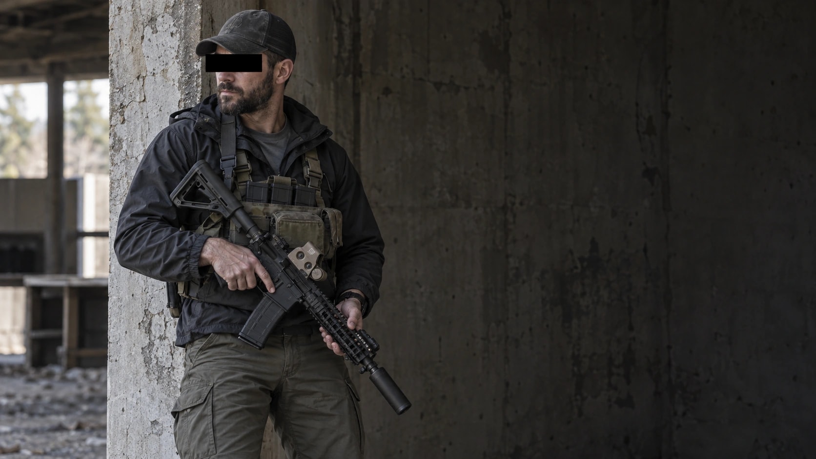 A plainclothes operator beside a concrete column, with his eyes obscured.