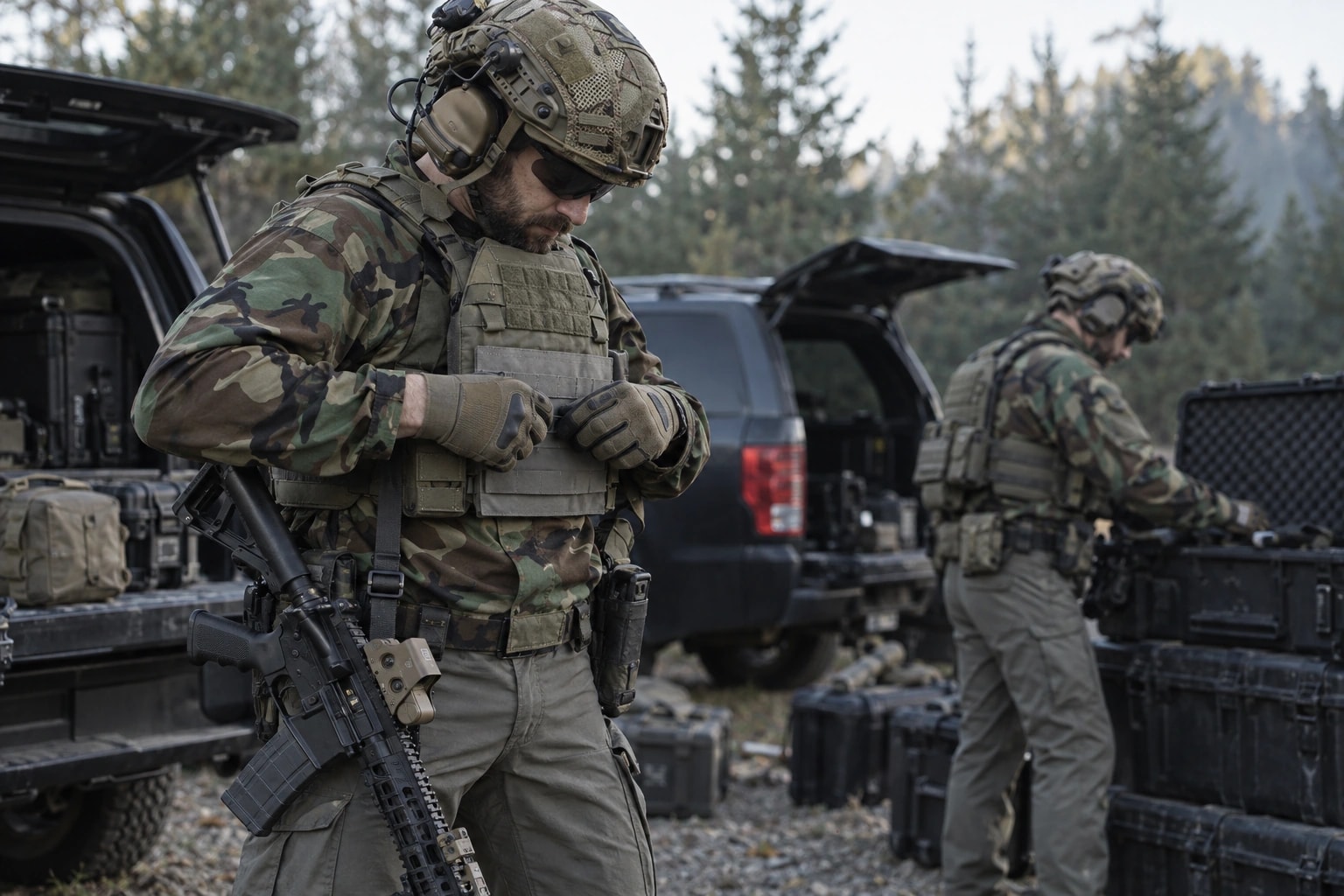Two operators prepare their equipment beside open vehicles at a forest edge, wearing M81 Woodland tops and Ranger Green gear.