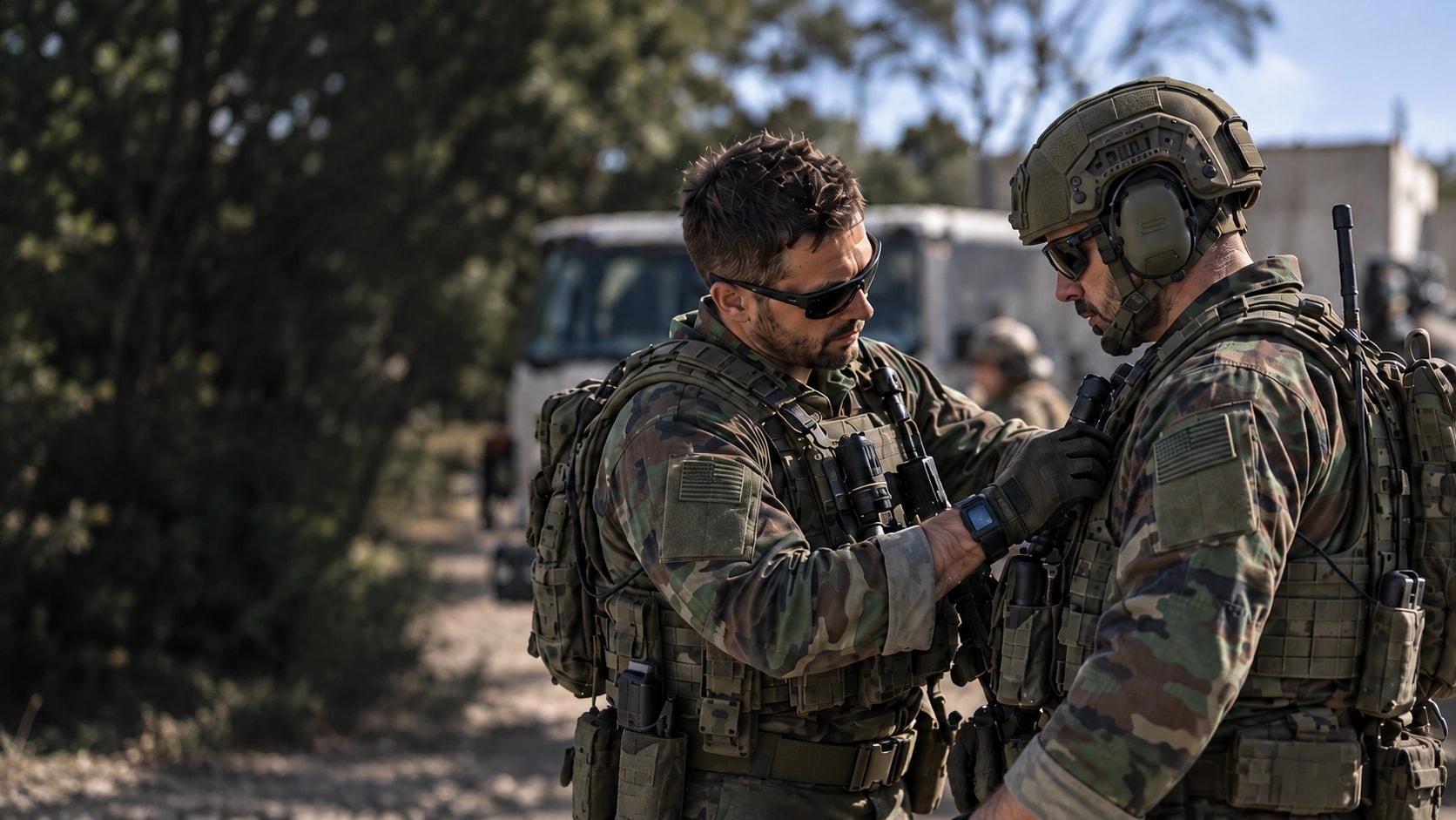 Two teammates check equipment together before training.